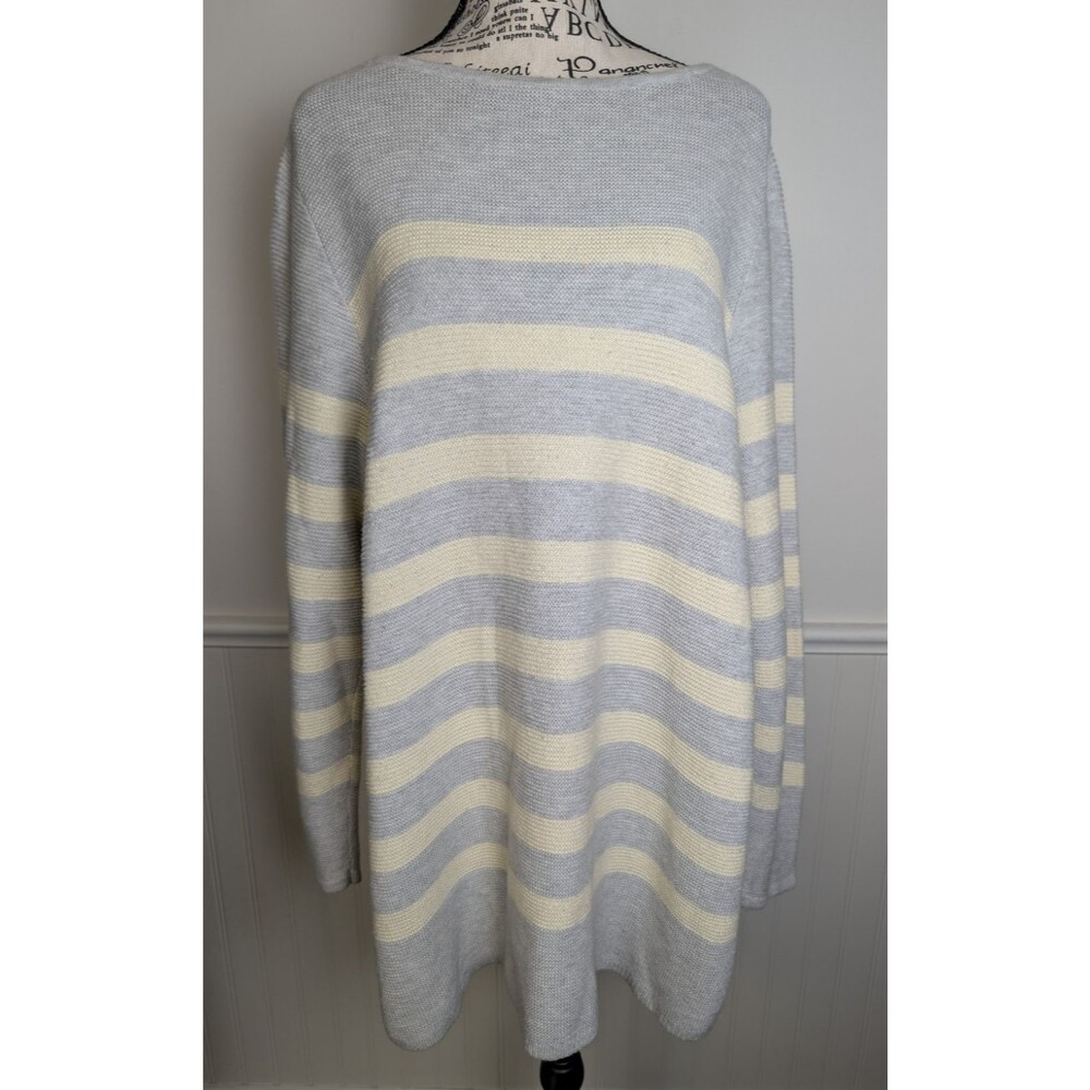 J Jill Womens Pullover Knit Sweater Gray Yellow Stripes 2X Coastal Beach